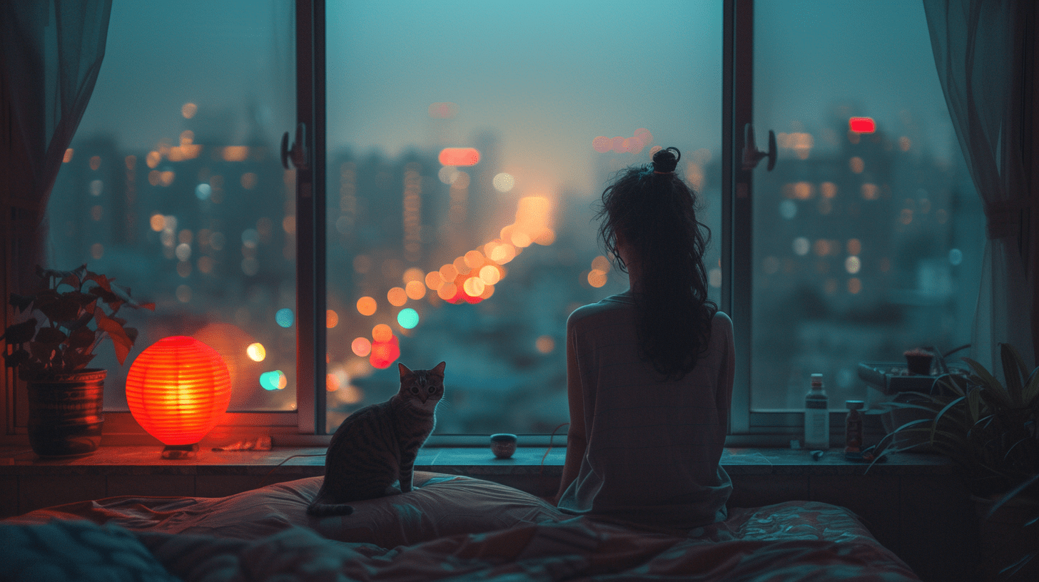 女孩和她的猫咪享受着城市的喧嚣