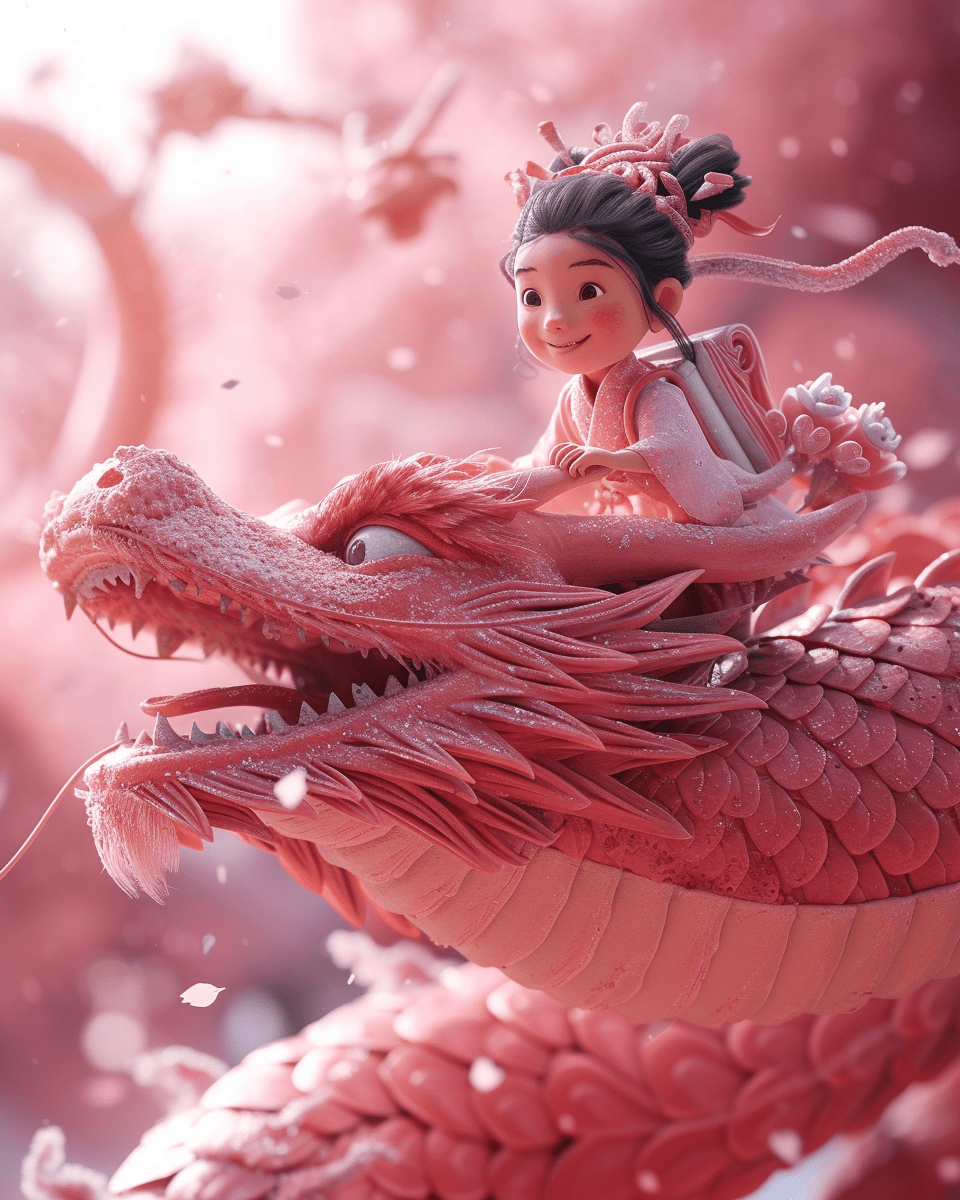 小女孩骑在粉色龙背上的场景，融合了传统的中国元素