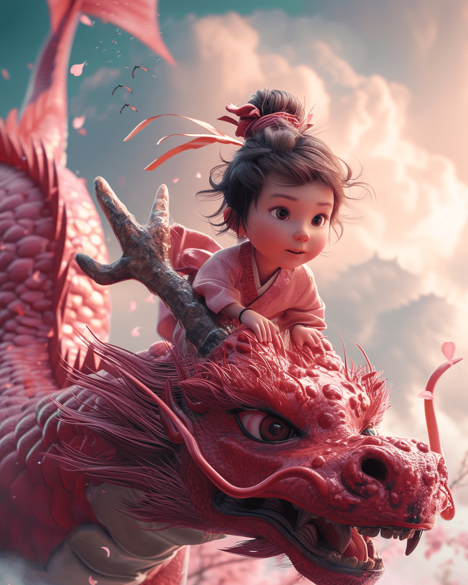 小女孩骑在粉色龙背上的场景，融合了传统的中国元素