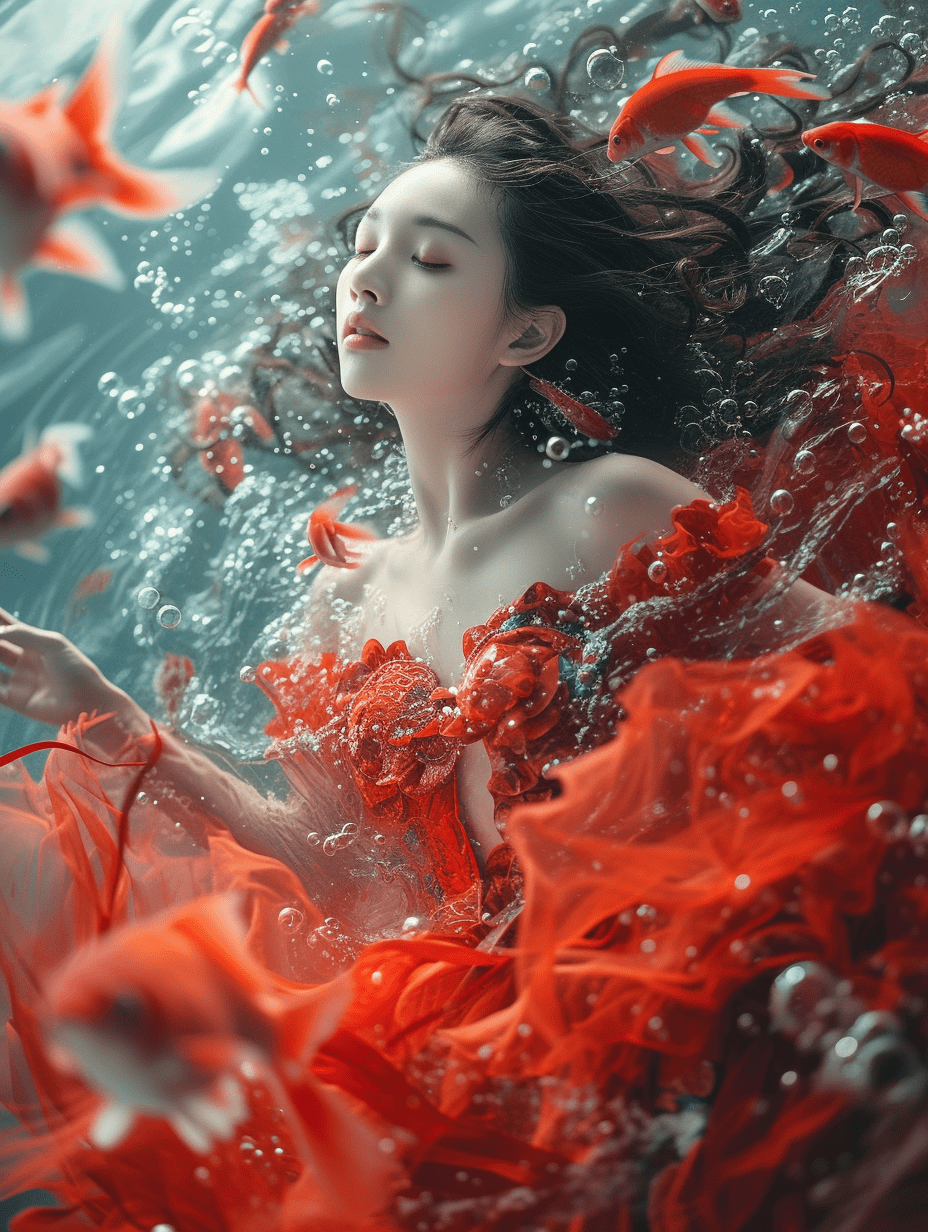 一位长发美女身着红色长裙，沉浸在碧蓝的海水之中