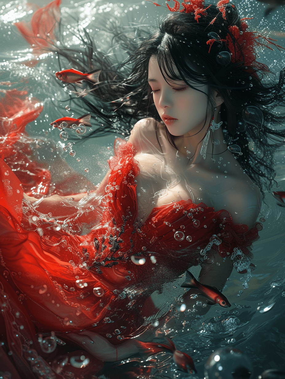 一位长发美女身着红色长裙，沉浸在碧蓝的海水之中