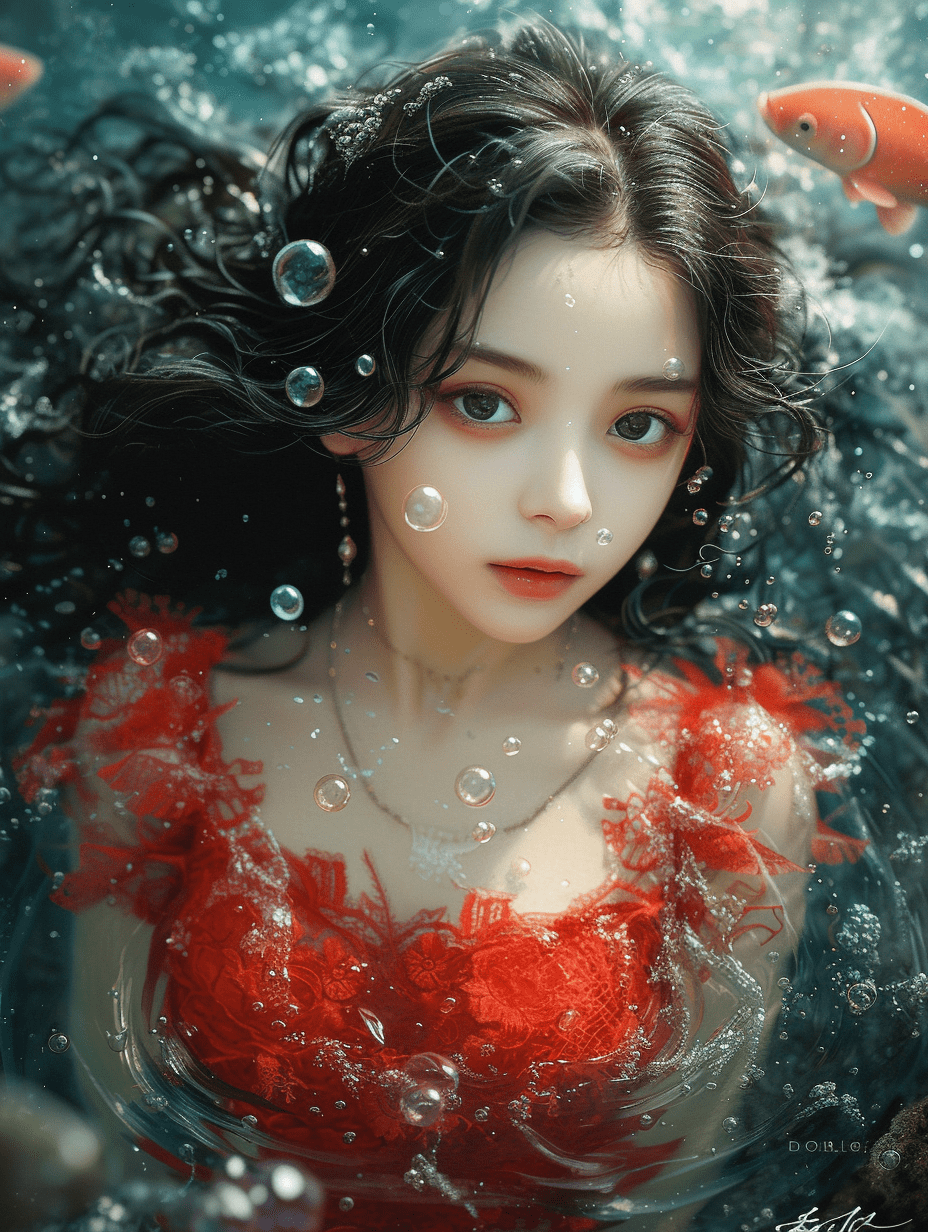 一位长发美女身着红色长裙，沉浸在碧蓝的海水之中