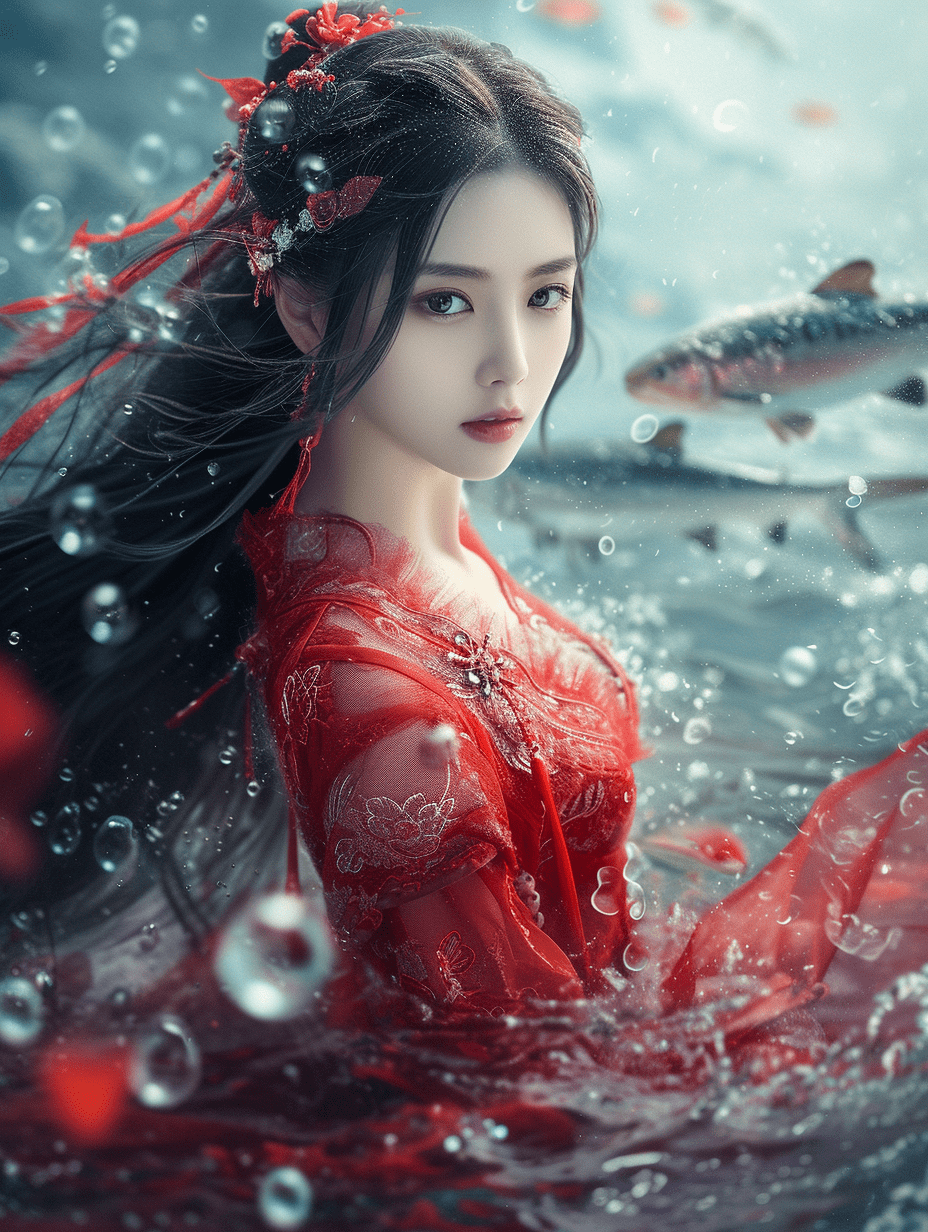 一位长发美女身着红色长裙，沉浸在碧蓝的海水之中