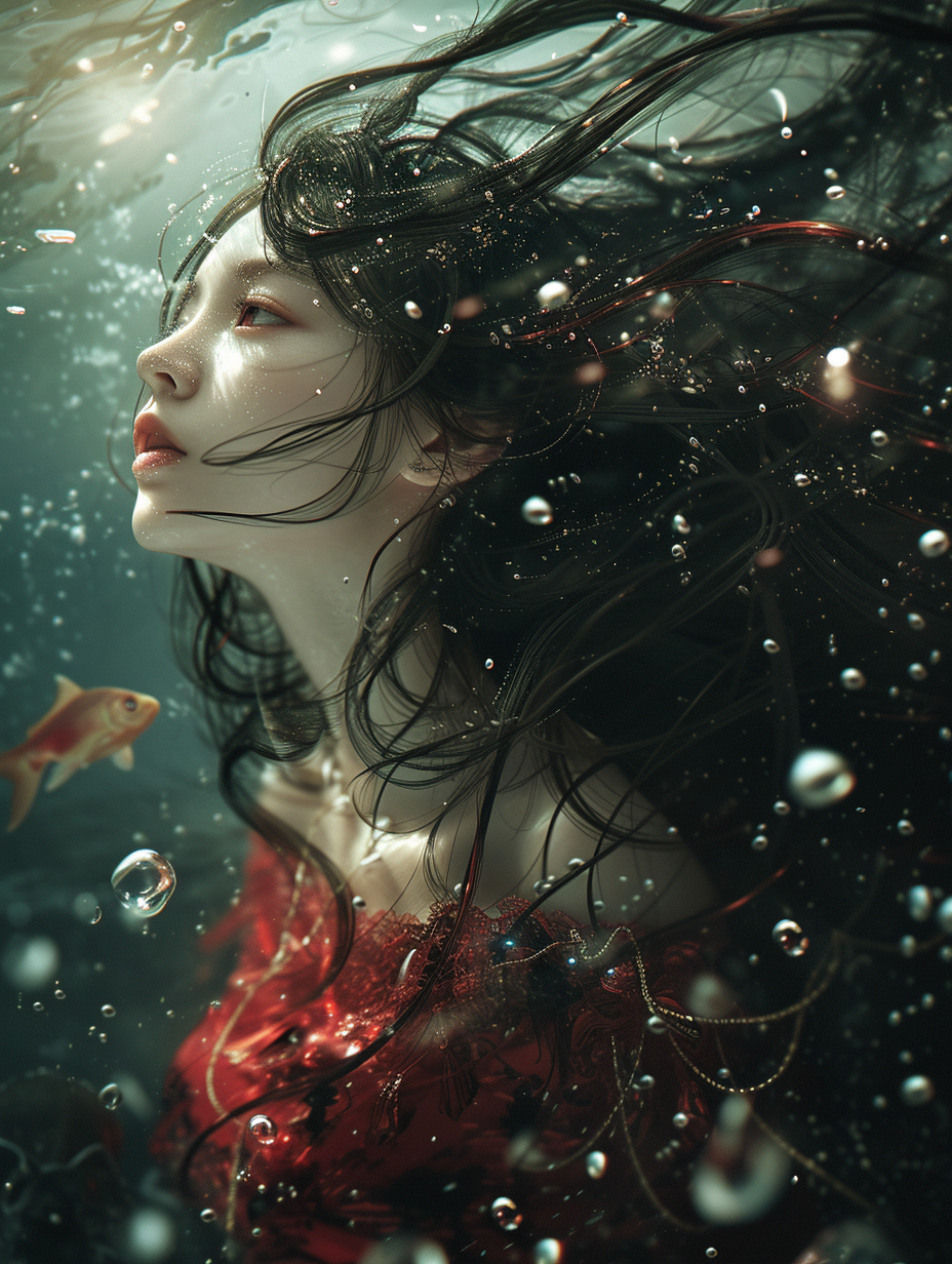 一位长发美女身着红色长裙，沉浸在碧蓝的海水之中