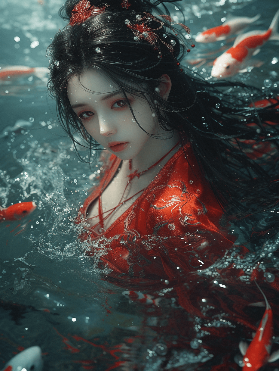一位长发美女身着红色长裙，沉浸在碧蓝的海水之中