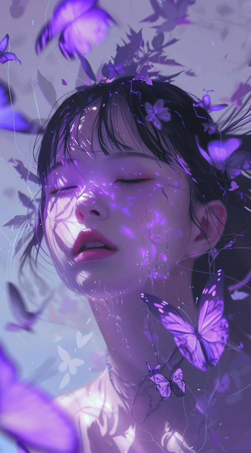 中性风格的女孩，与蝴蝶重叠在一起，黑色头发带着紫色高光！