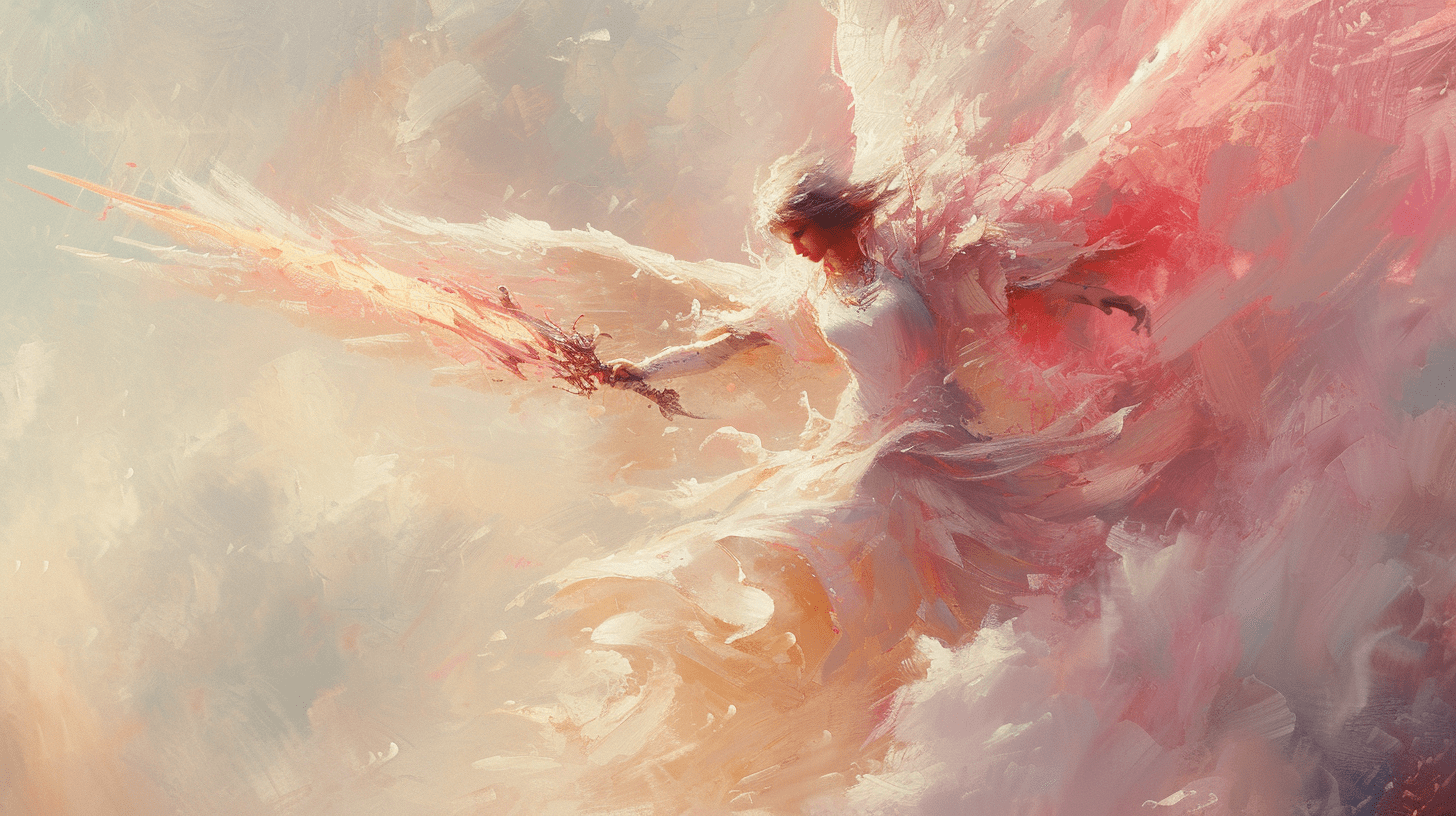 一幅描绘手持火焰之剑天使的油画，色调柔和、淡雅