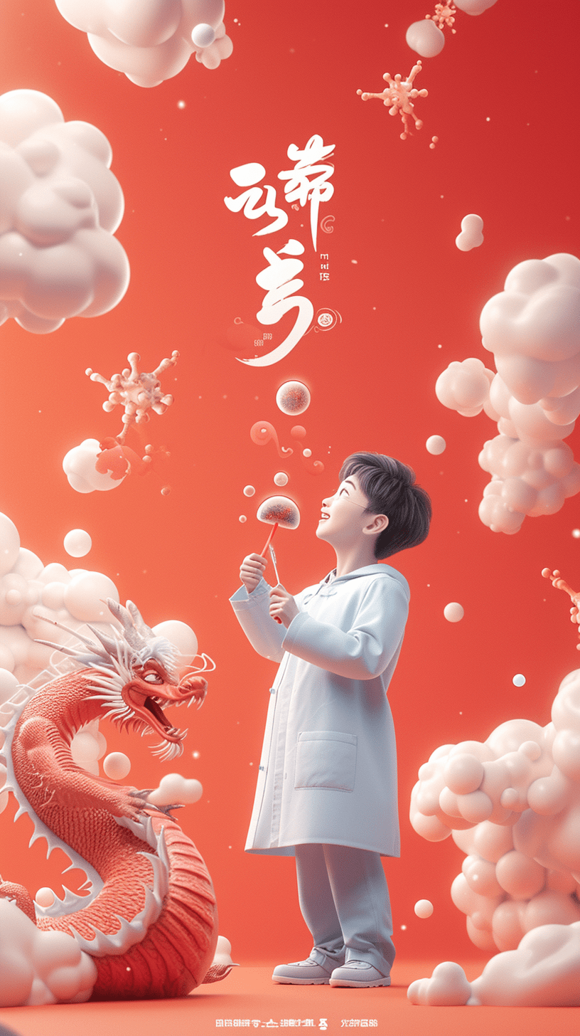 男孩挥舞着魔法，身旁站着一条东方龙，画面明亮而愉快