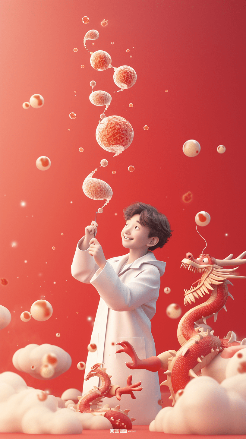 男孩挥舞着魔法，身旁站着一条东方龙，画面明亮而愉快