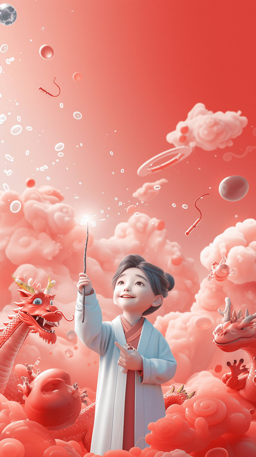 男孩挥舞着魔法，身旁站着一条东方龙，画面明亮而愉快