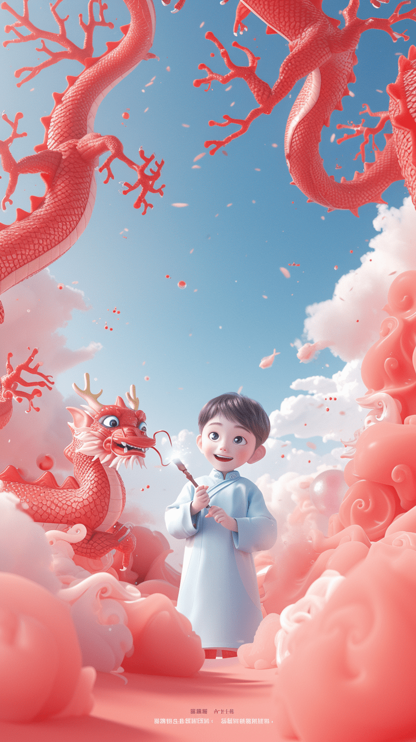 男孩挥舞着魔法，身旁站着一条东方龙，画面明亮而愉快