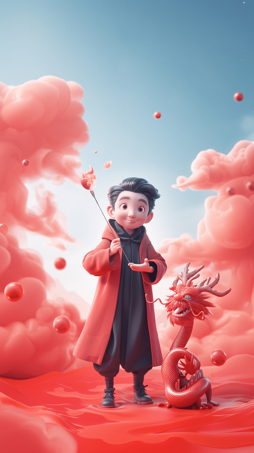 男孩挥舞着魔法，身旁站着一条东方龙，画面明亮而愉快