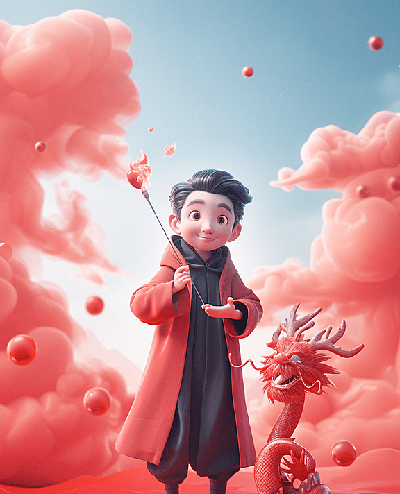 男孩挥舞着魔法，身旁站着一条东方龙，画面明亮而愉快