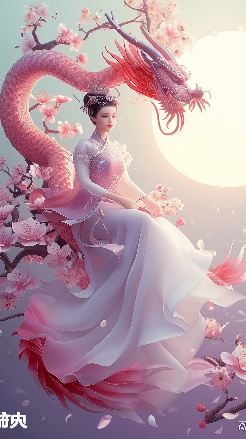 一位美丽的东方女孩坐在桃花枝上，身穿华丽的东方服装，画面柔和