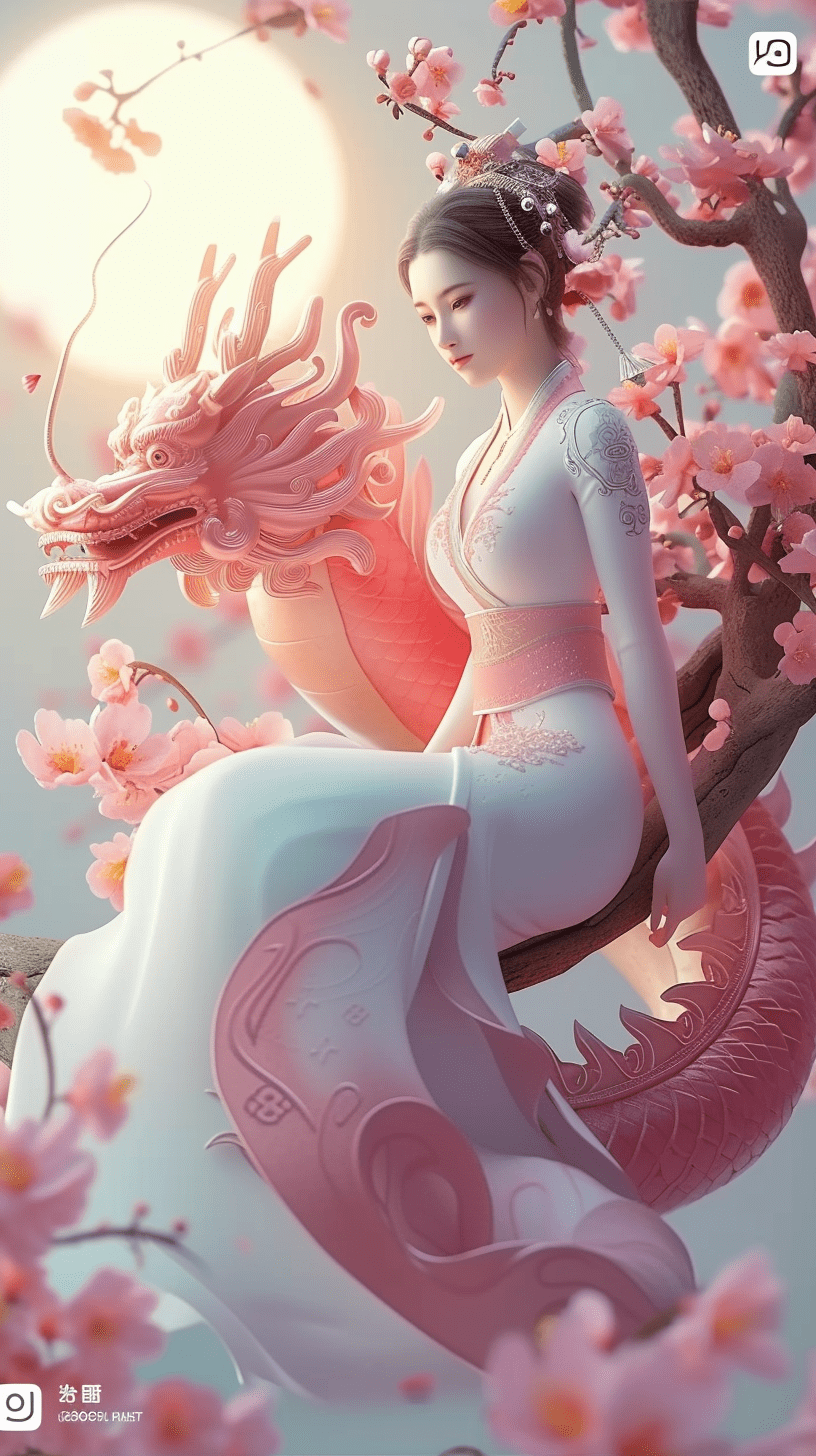 一位美丽的东方女孩坐在桃花枝上，身穿华丽的东方服装，画面柔和