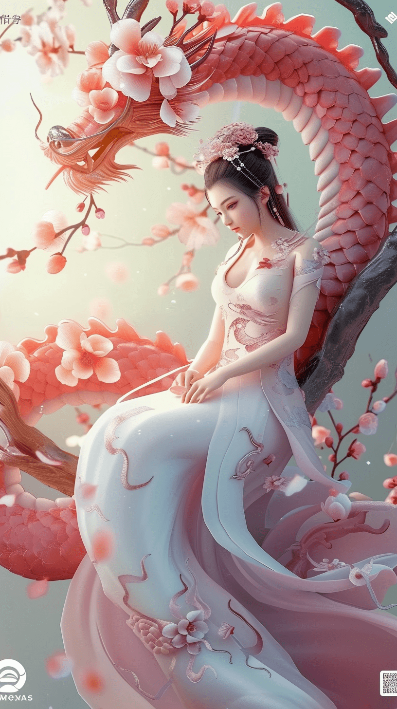 一位美丽的东方女孩坐在桃花枝上，身穿华丽的东方服装，画面柔和