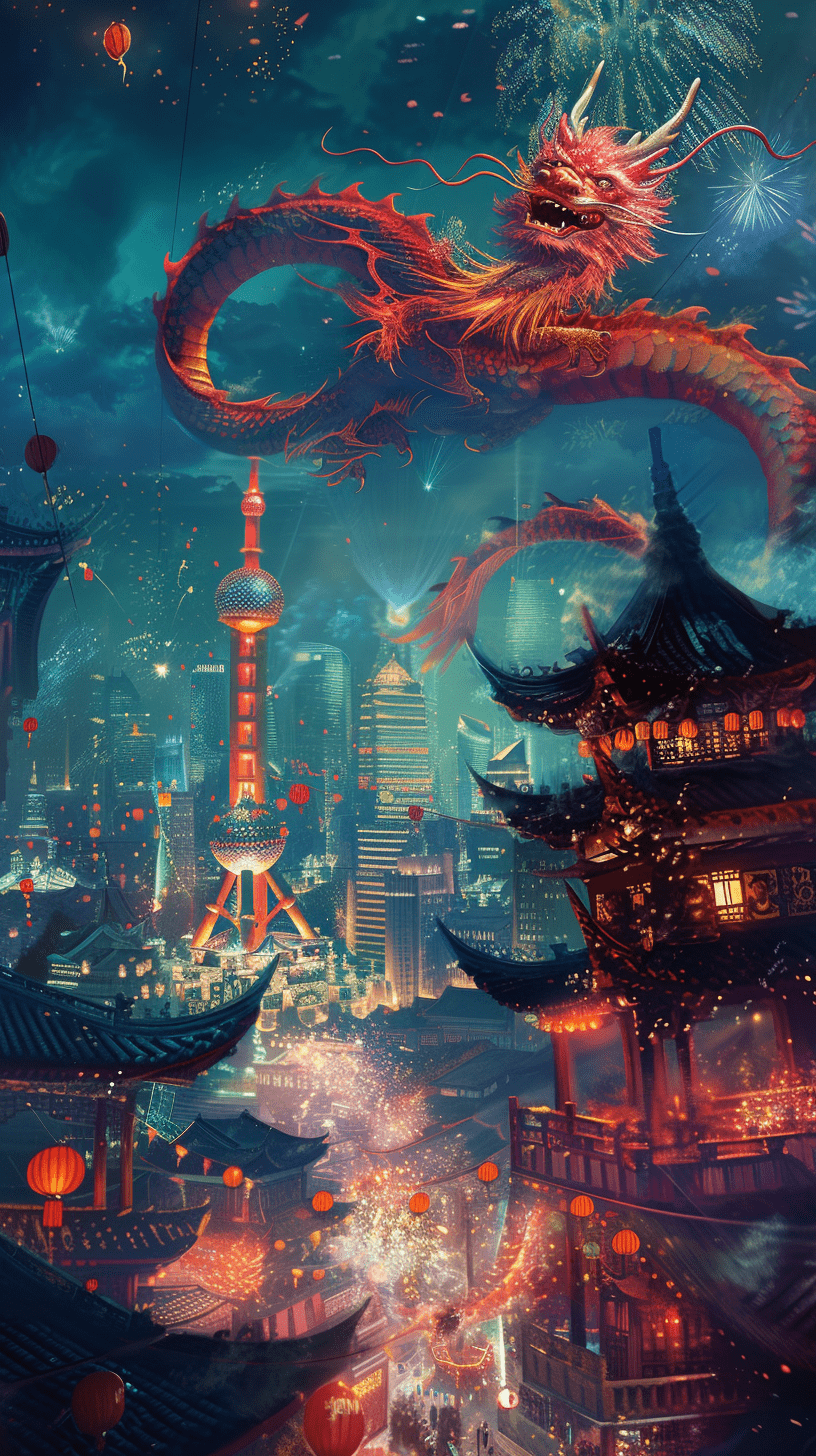 一条中国龙在现代中国城市上空飞翔，俯瞰着人们庆祝春节的场景。