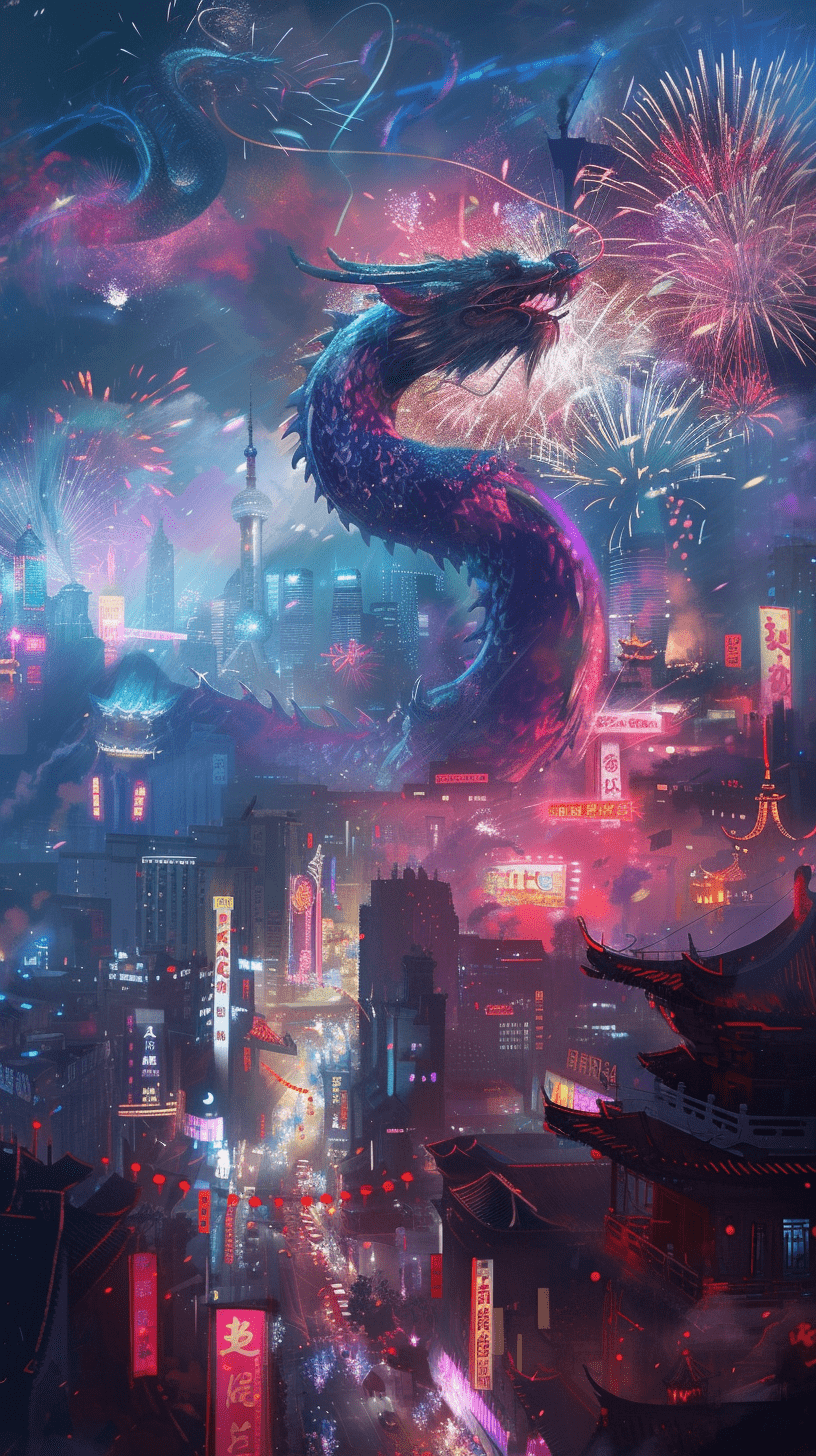 一条中国龙在现代中国城市上空飞翔，俯瞰着人们庆祝春节的场景。