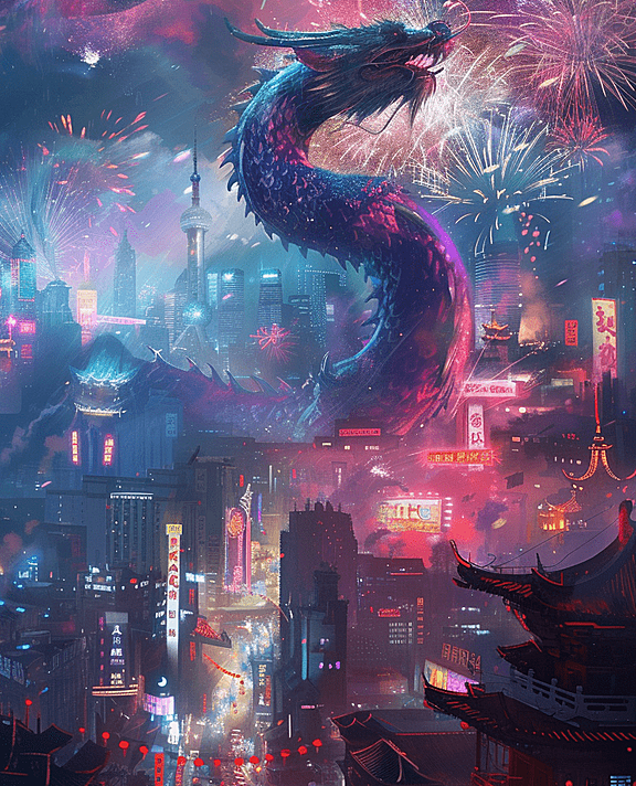 一条中国龙在现代中国城市上空飞翔，俯瞰着人们庆祝春节的场景。