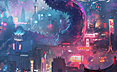 一条中国龙在现代中国城市上空飞翔，俯瞰着人们庆祝春节的场景。
