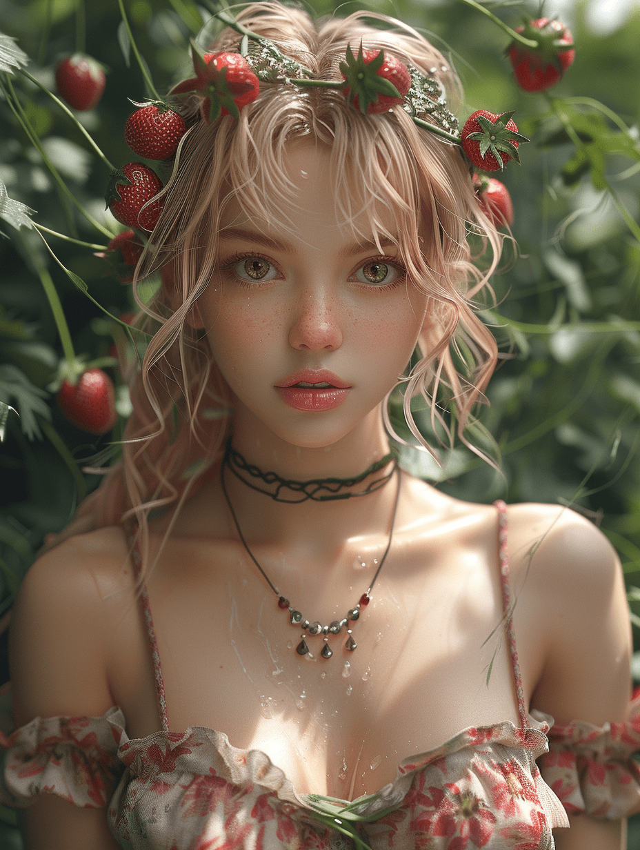 草莓为背景的美人，仿韩国艺术家朴理卢ai绘画作品