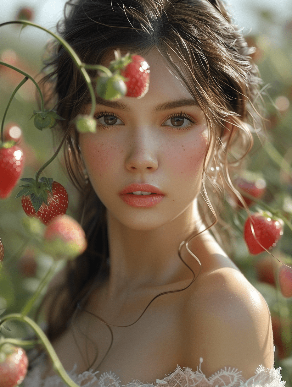 草莓为背景的美人，仿韩国艺术家朴理卢ai绘画作品