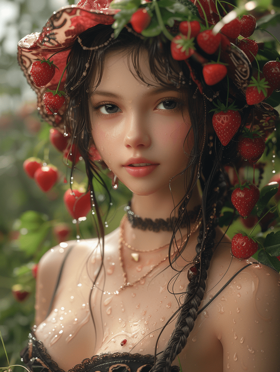 草莓为背景的美人，仿韩国艺术家朴理卢ai绘画作品