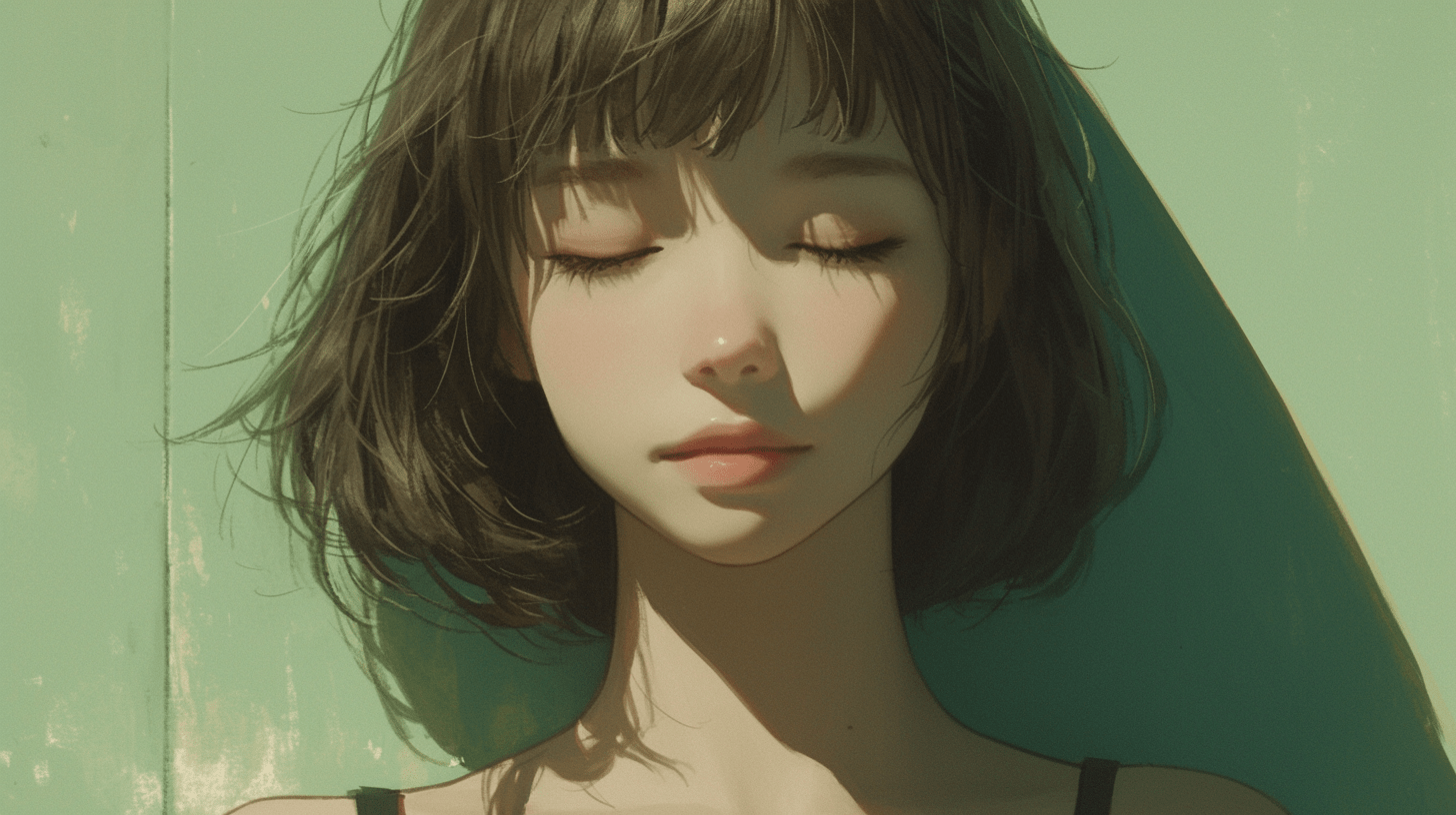 一位女孩在草丛中休息，阳光明媚，棕色的头发柔顺地垂落。