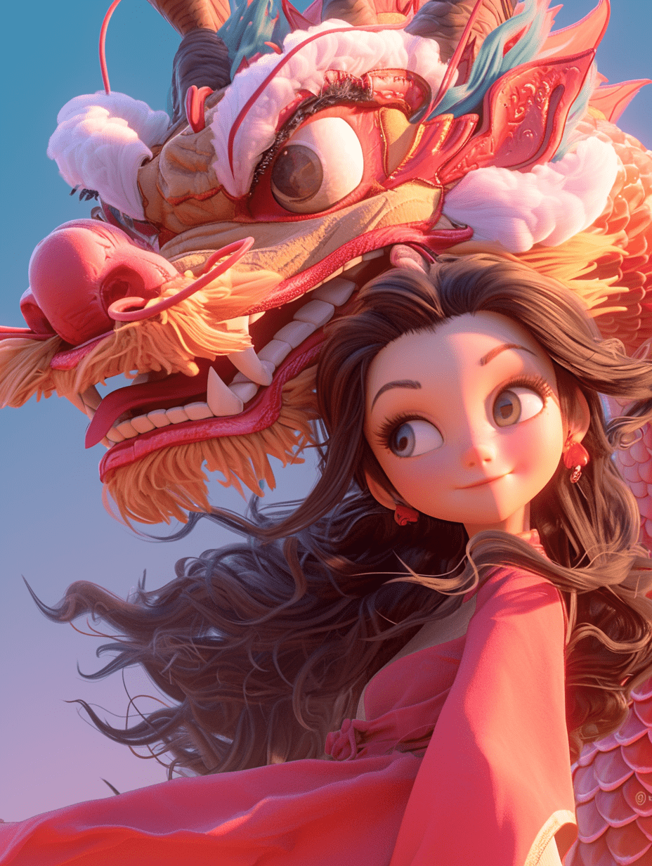 迪士尼动画的风格女孩，拥有飘逸的长发，与一条精细刻画的中国龙，在光影下栩栩如生