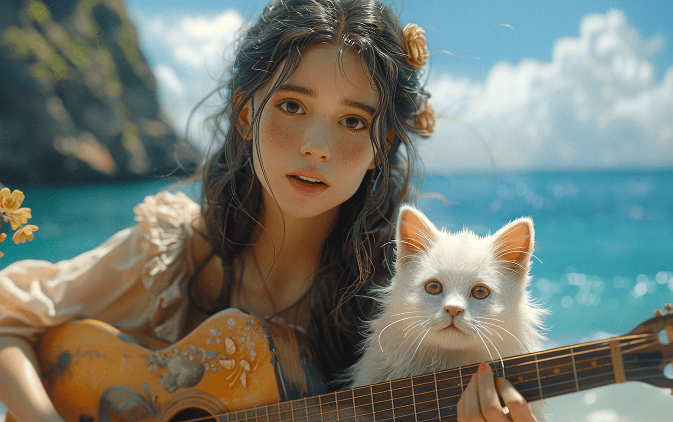 一位女孩在海滩弹吉他，旁边是一只纯白色的小猫咪，画面以V-Ray追踪渲染风格呈现。