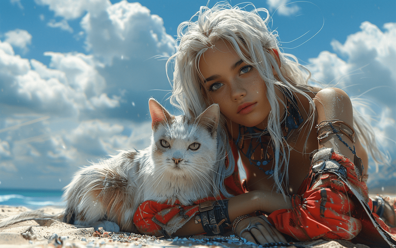 一位女孩在海滩弹吉他，旁边是一只纯白色的小猫咪，画面以V-Ray追踪渲染风格呈现。