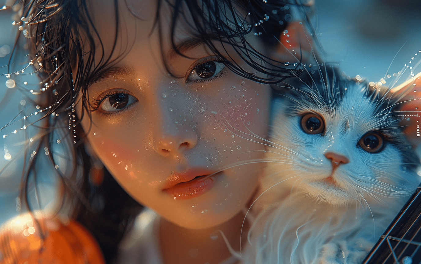 一位女孩在海滩弹吉他，旁边是一只纯白色的小猫咪，画面以V-Ray追踪渲染风格呈现。