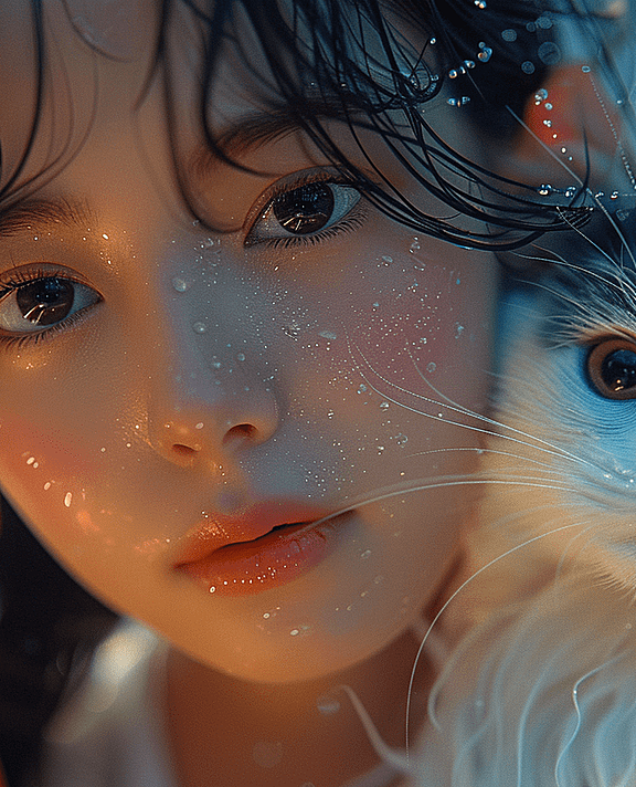 一位女孩在海滩弹吉他，旁边是一只纯白色的小猫咪，画面以V-Ray追踪渲染风格呈现。