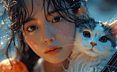 一位女孩在海滩弹吉他，旁边是一只纯白色的小猫咪，画面以V-Ray追踪渲染风格呈现。