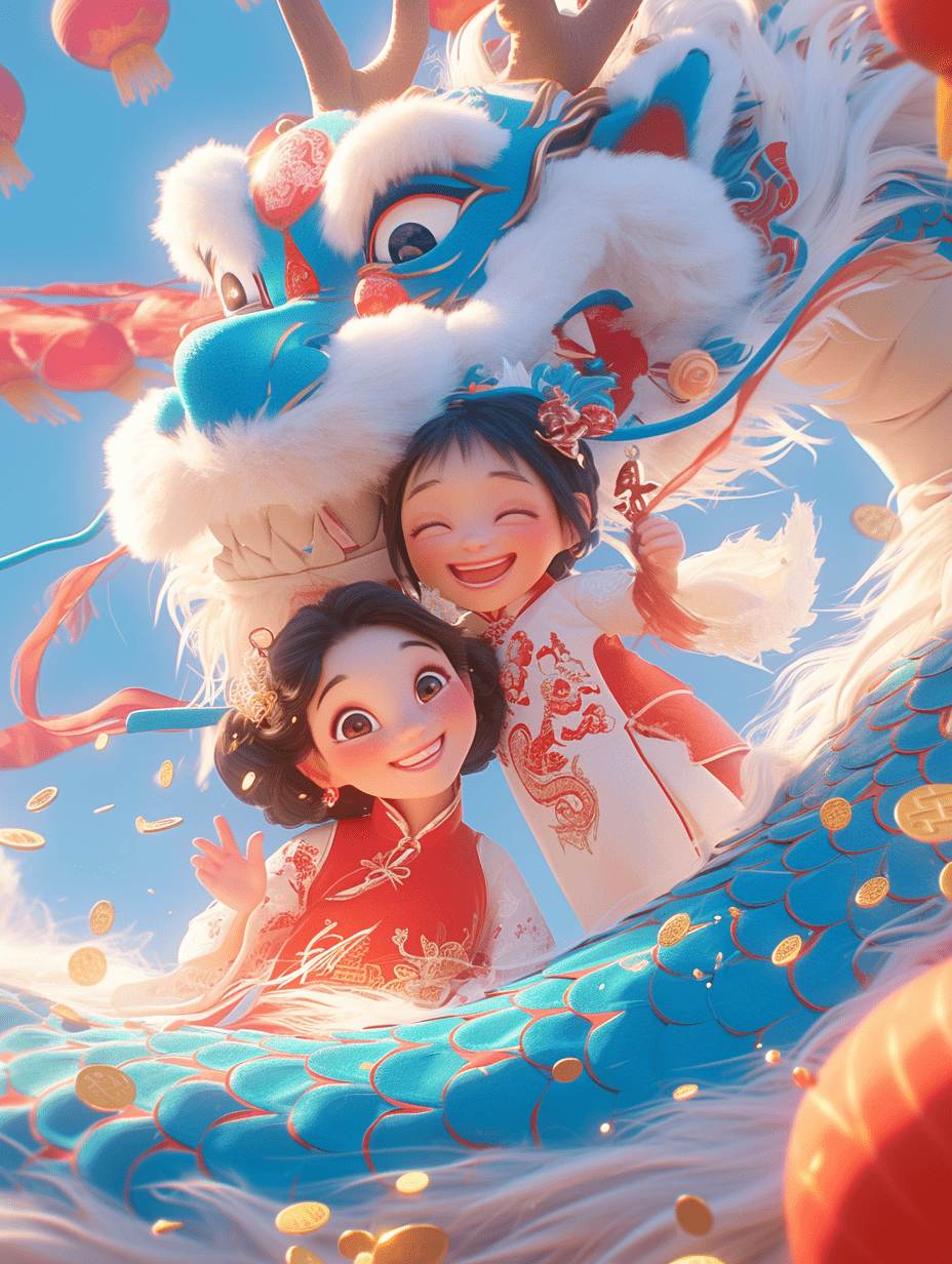 中国新年的场景，两个五岁女孩站，穿着传统的中国服装庆祝