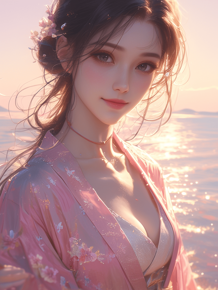 在这片潮起潮落的海边，一位东方女孩的笑容如同初绽的花朵，清新脱俗。