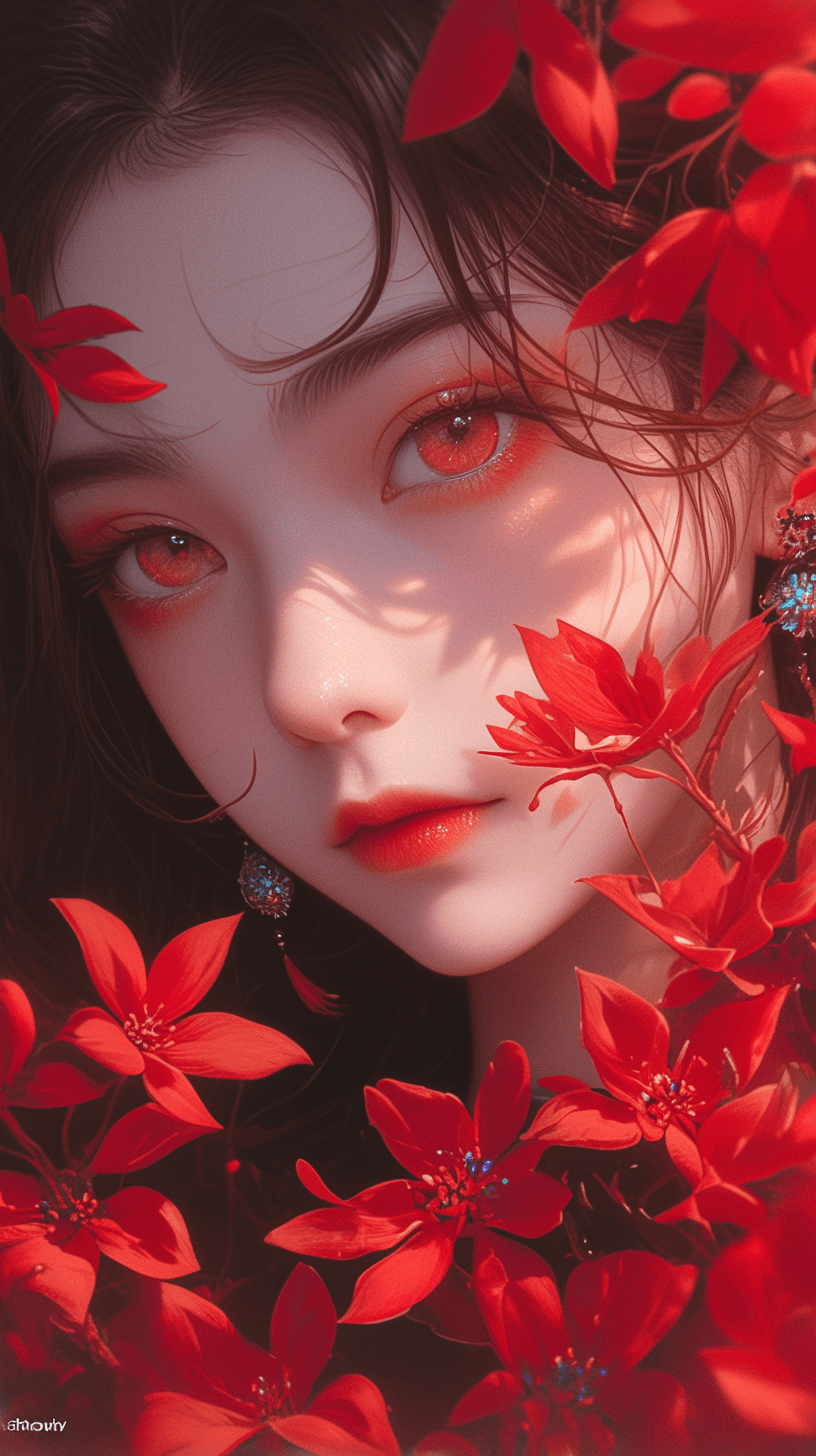 一位大眼睛的女子被红花环绕，神态优雅，勾勒出了一幅让人难以置信的美丽画卷。