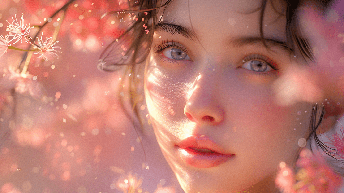 一位年轻女子靠着绽放的花朵墙纸，整个画面柔和而梦幻，宛如一个温柔的梦境。