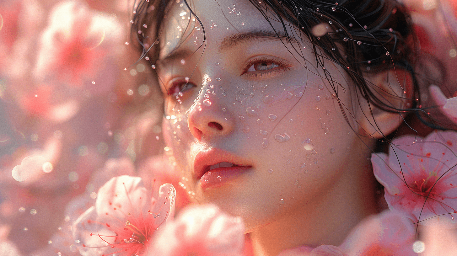 一位年轻女子靠着绽放的花朵墙纸，整个画面柔和而梦幻，宛如一个温柔的梦境。