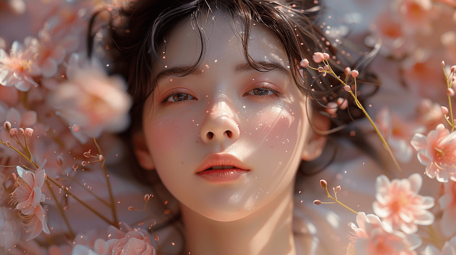 一位年轻女子靠着绽放的花朵墙纸，整个画面柔和而梦幻，宛如一个温柔的梦境。