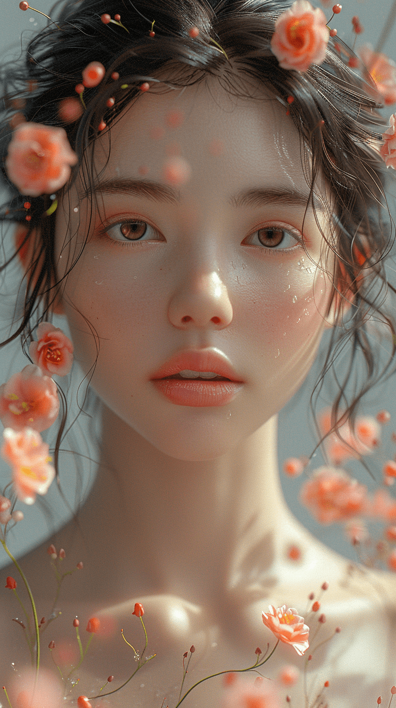 一位年轻女子靠着绽放的花朵墙纸，整个画面柔和而梦幻，宛如一个温柔的梦境。