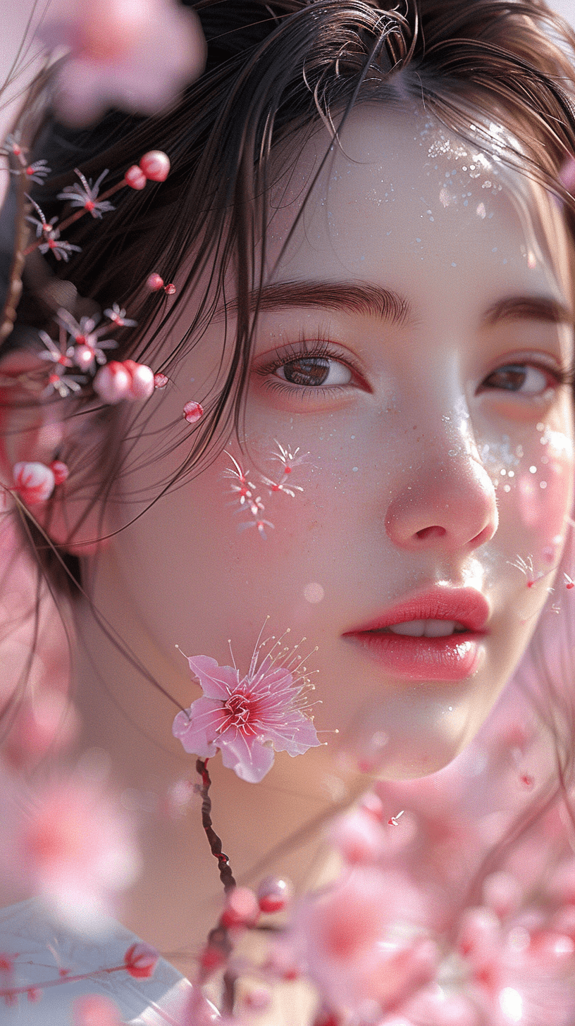 一位年轻女子靠着绽放的花朵墙纸，整个画面柔和而梦幻，宛如一个温柔的梦境。