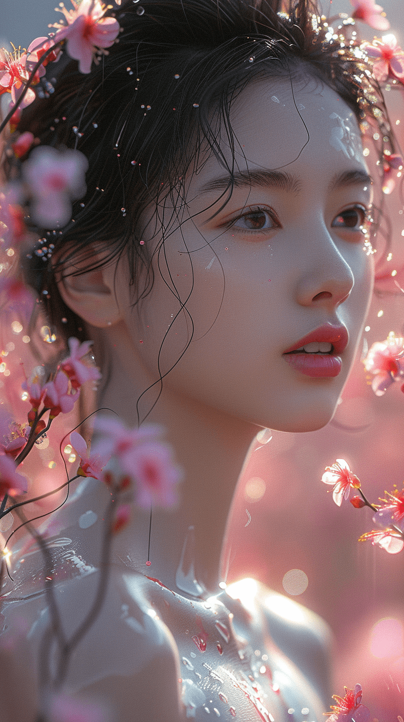 一位年轻女子靠着绽放的花朵墙纸，整个画面柔和而梦幻，宛如一个温柔的梦境。
