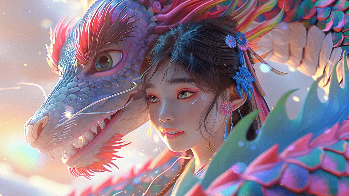 一条彩虹龙环绕着可爱的小女孩，她身着华丽的汉服，与彩虹龙相映成趣。