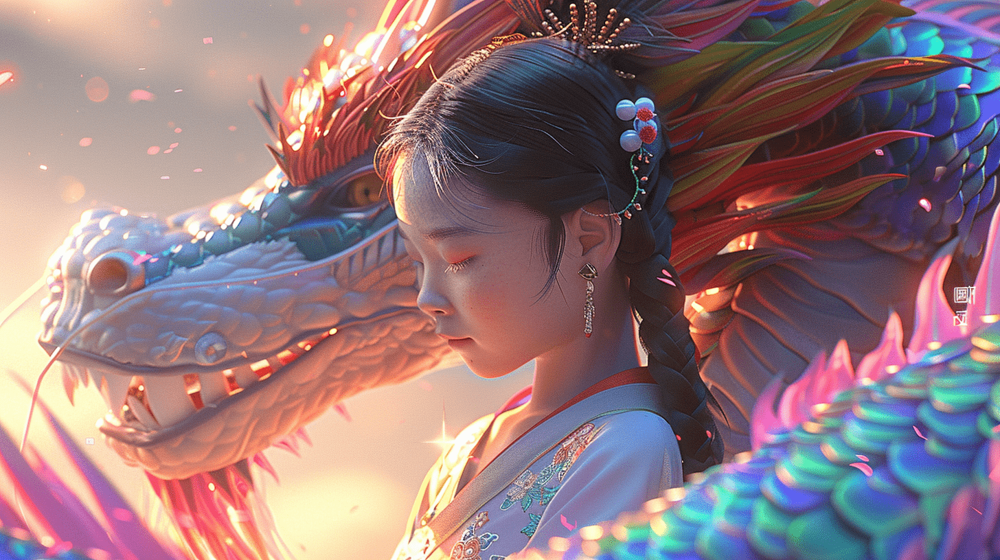 一条彩虹龙环绕着可爱的小女孩，她身着华丽的汉服，与彩虹龙相映成趣。