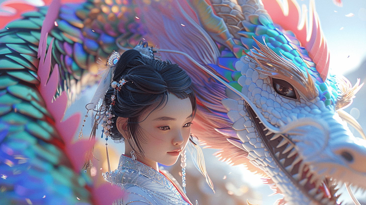 一条彩虹龙环绕着可爱的小女孩，她身着华丽的汉服，与彩虹龙相映成趣。