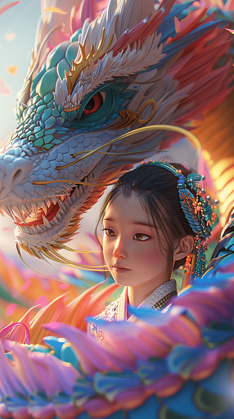 一条彩虹龙环绕着可爱的小女孩，她身着华丽的汉服，与彩虹龙相映成趣。
