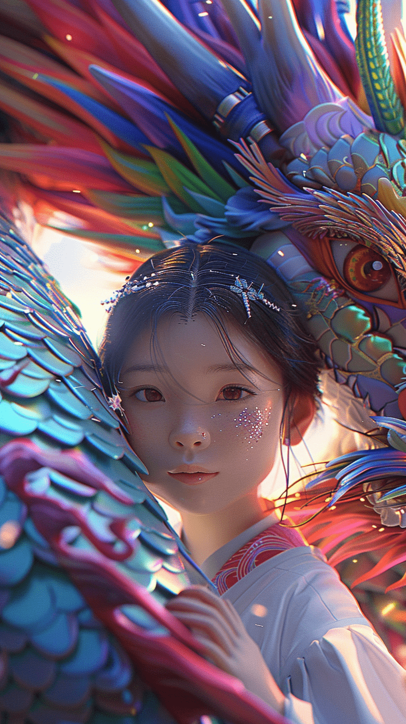 一条彩虹龙环绕着可爱的小女孩，她身着华丽的汉服，与彩虹龙相映成趣。