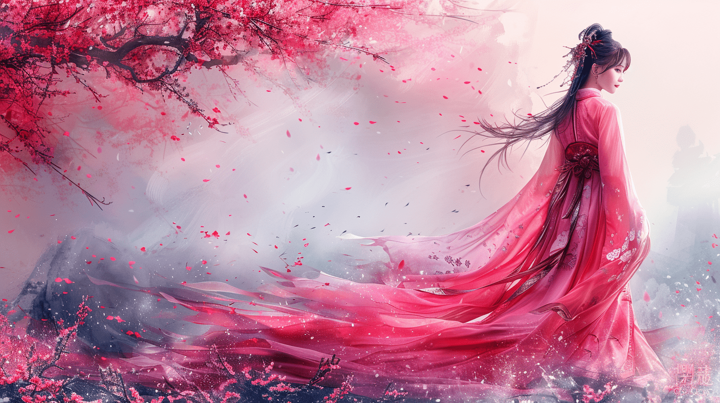 在这幅温婉的水彩画中，一位女子身着粉色汉服，如同古典诗画中走出的倩影。