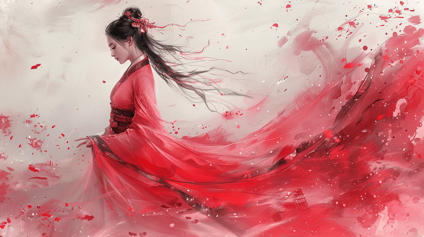 在这幅温婉的水彩画中，一位女子身着粉色汉服，如同古典诗画中走出的倩影。